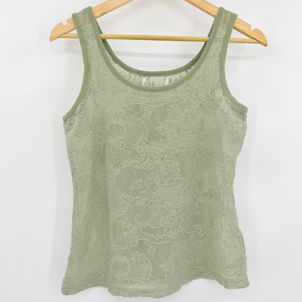 Lace Overlay Scoop Neck Tank Top - Sage